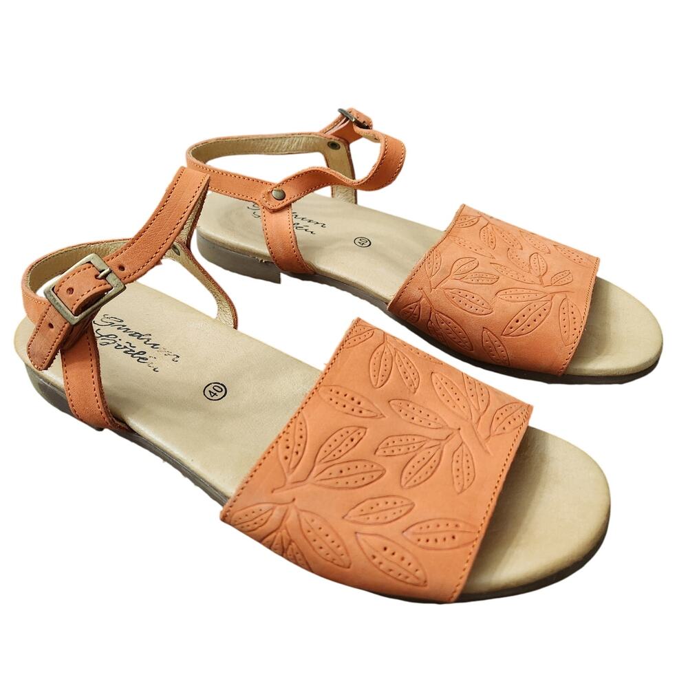Gudrun Sjoden Savanna Orange Leather tooled Sandals Size EU 40